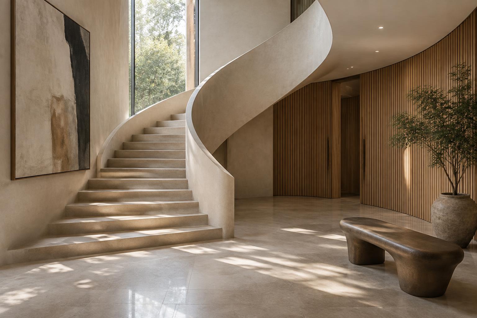 Hall contemporâneo com escada escultórica